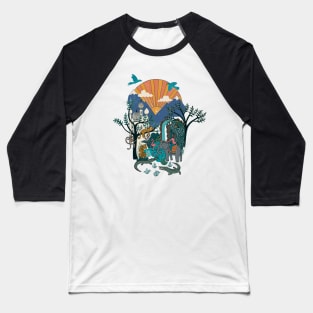 Adventure Block Print - jungle adventure scene with sunset, elephant, leopard and crocodiles Baseball T-Shirt